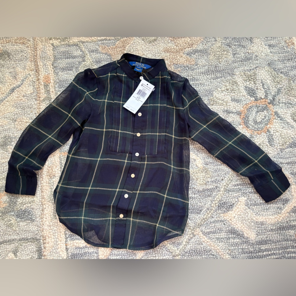 NWT Polo Ralph Lauren girl’s navy tartan chiffon blouse